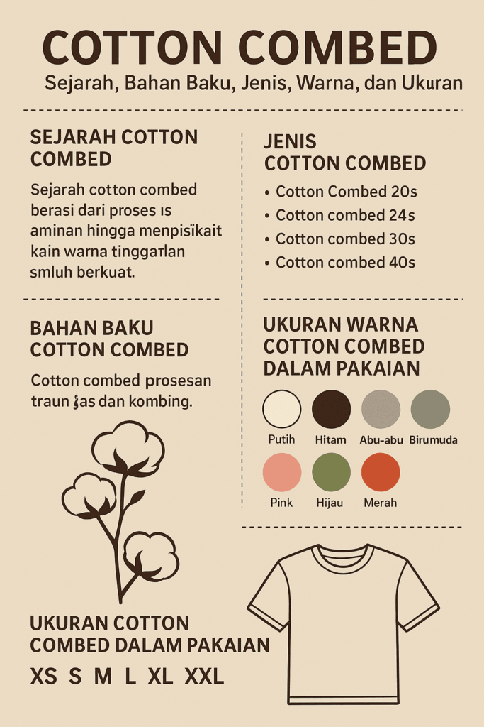 info graphic cotton combed, sejarah cototng combed, bahan cotton combed, warna kaos cottong combed, ukuran cotton combed